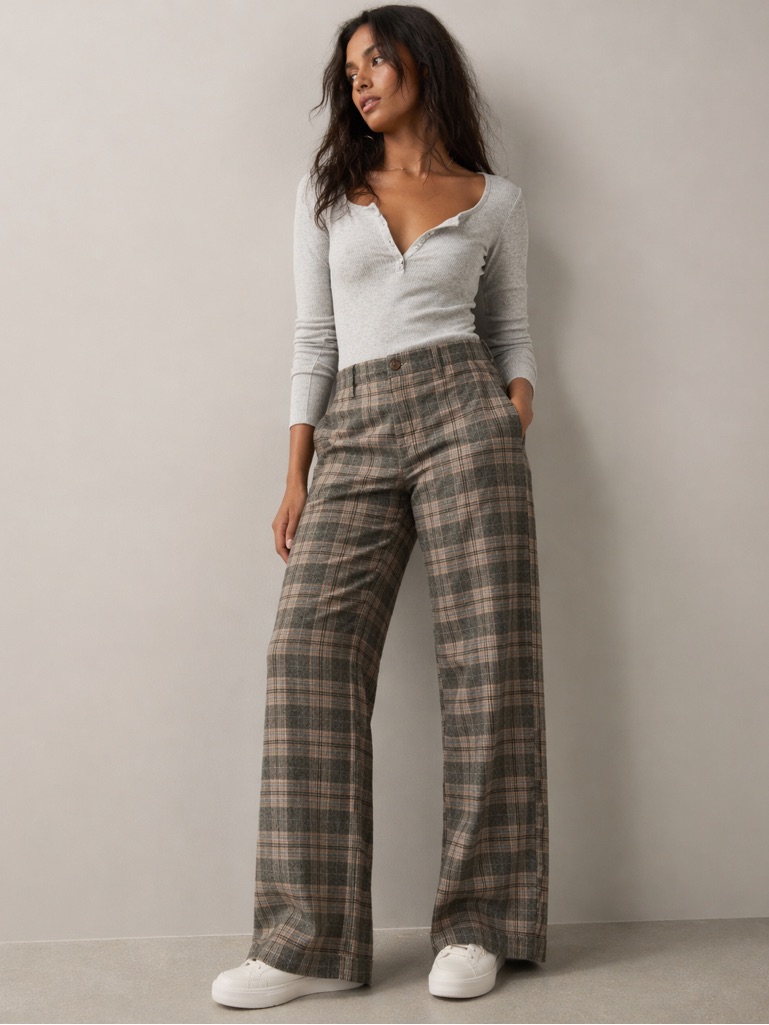 American Eagle Super High-Rise Wide-Leg Plaid Brown /Grey Trouser Pants Nwt 10